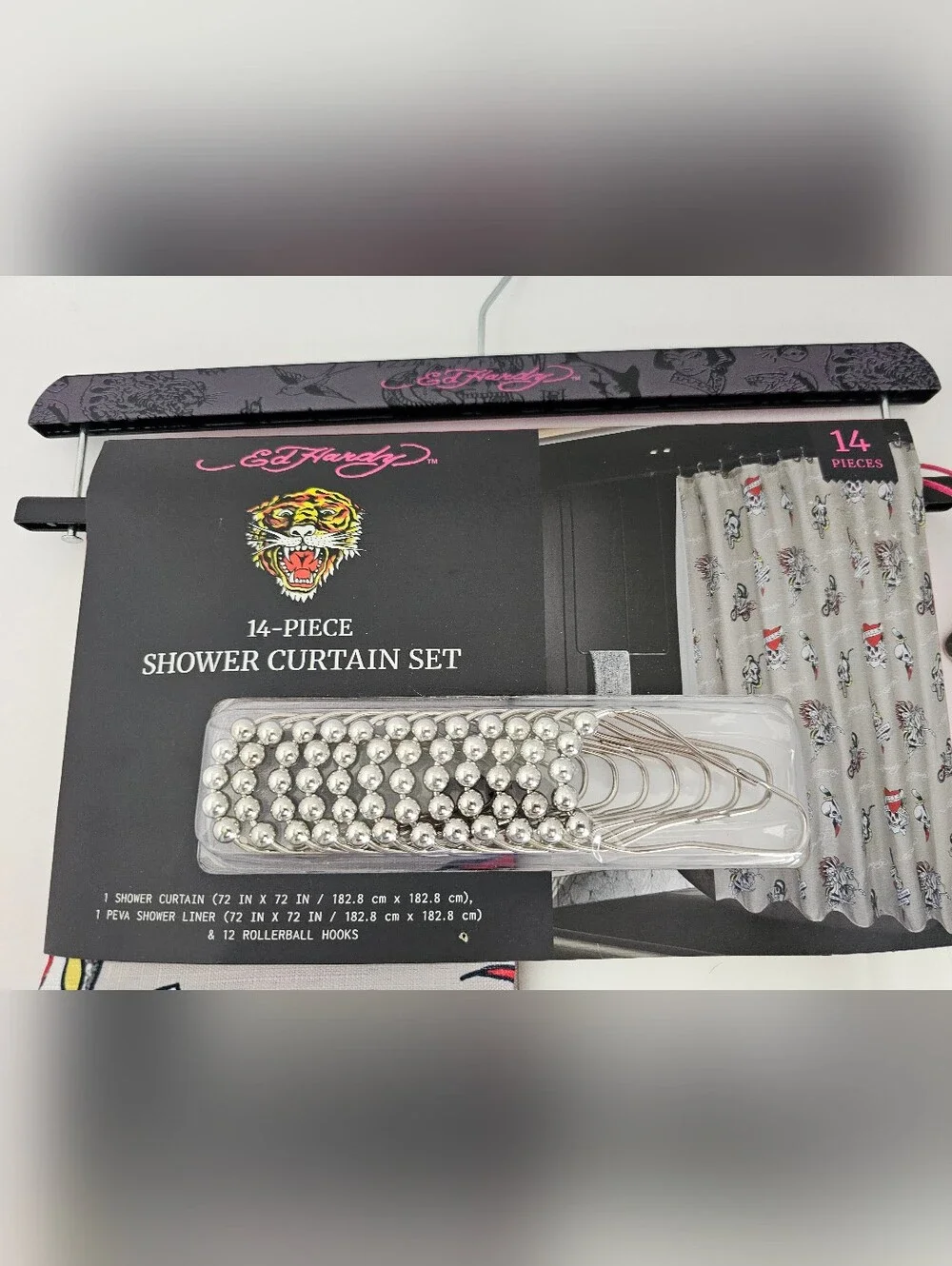 NWT!  Ed Hardy Shower Curtain 14 Piece Set with SHADOW Tattoo Love Kills Design